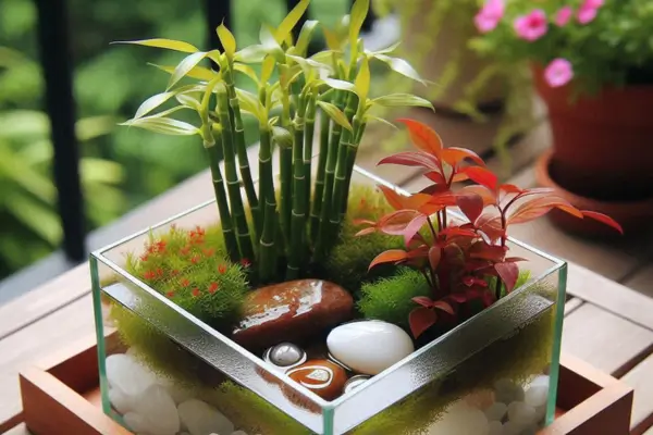 Lucky Bamboo e a Ludwigia Repens Red para uma Combinação de Cores no Seu Mini Jardim Aquático